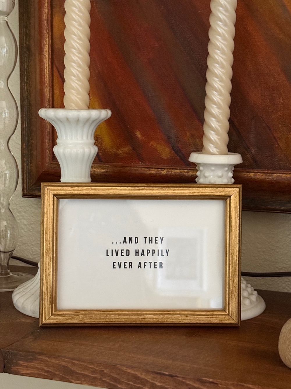 New happily ever after wedding couple in vtg 4x6”Gold Frame Inspirational Quote